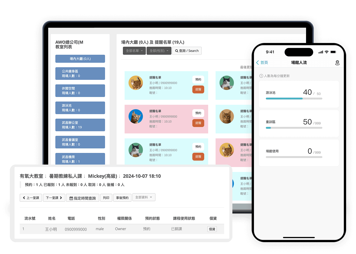 Fitbutler 現場人流、會員資訊、教室空間課程狀態後台介面
