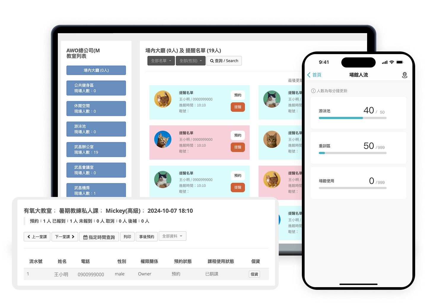 Fitbutler 現場人流、會員資訊、教室空間課程狀態後台介面